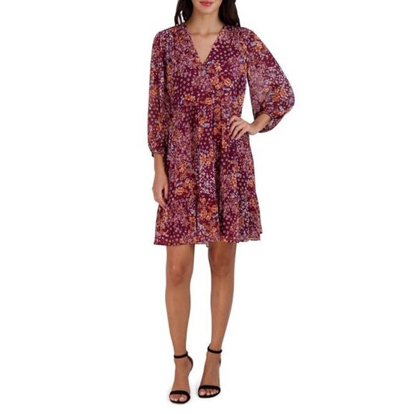 Sandra Darren Burgundy Floral Balloon Sleeve V-Neck Babydoll Mini Dress 6 NWT - Picture 1 of 15